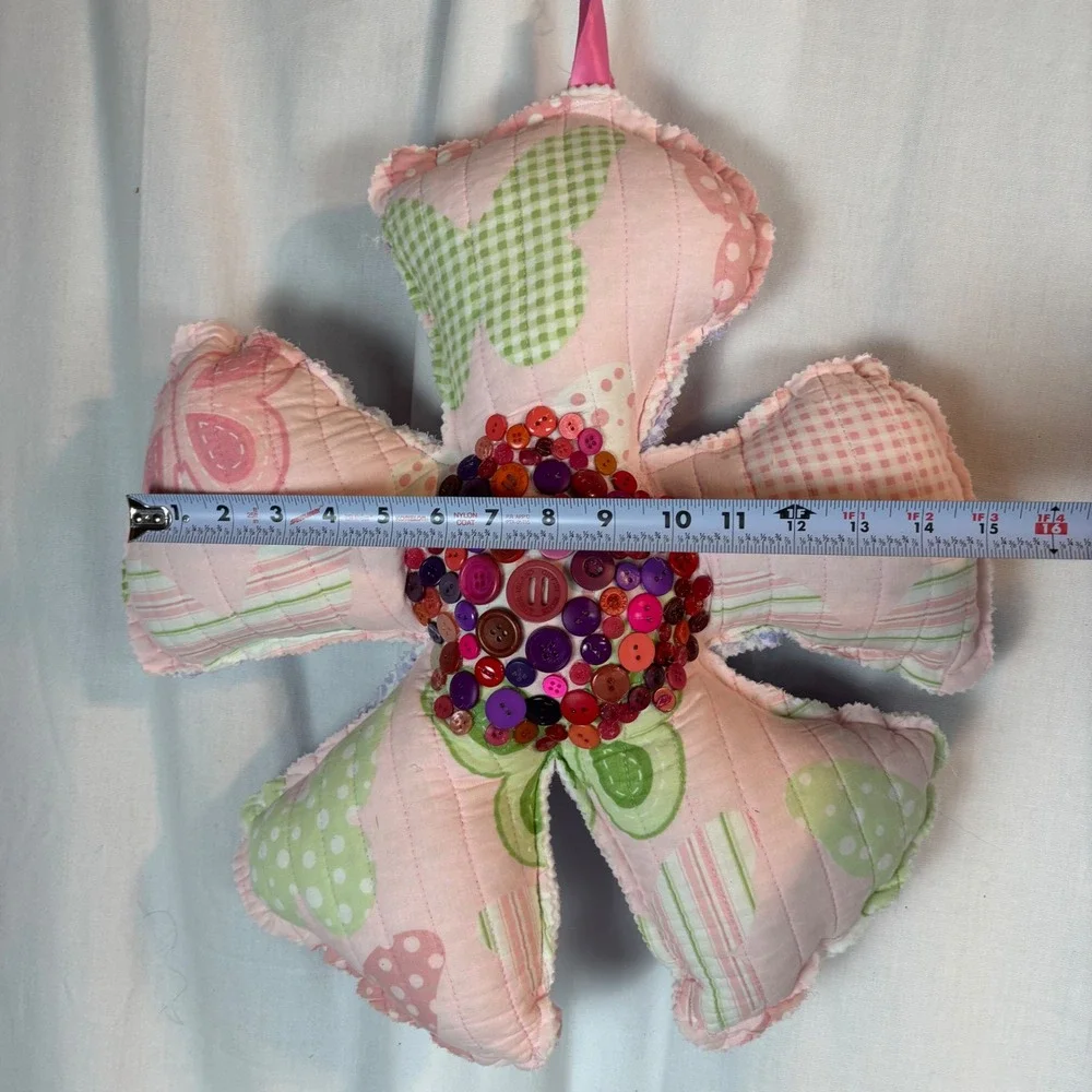 Handmade Quilted Flower Pillow Button Center Reversible Floral Wall Hanging 16in